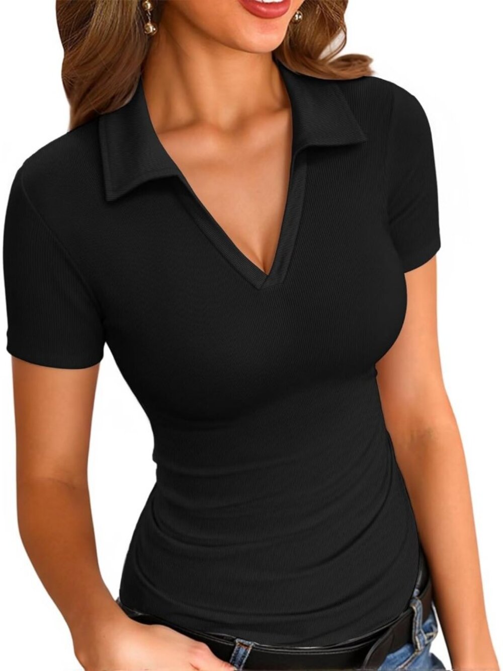 Women's Black V Neck Short Sleeve Polo Shirts Slim Fitted Trendy Tight Knit Tops